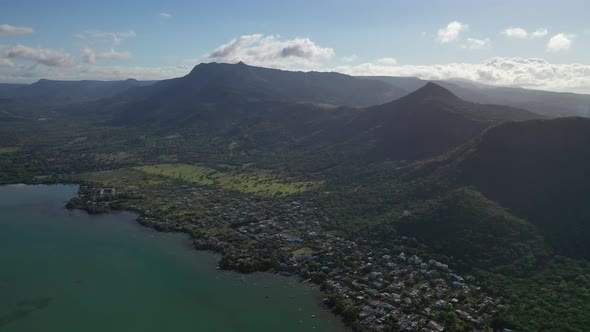 Aerial View of Mountains on the Coast of Mauritius Island