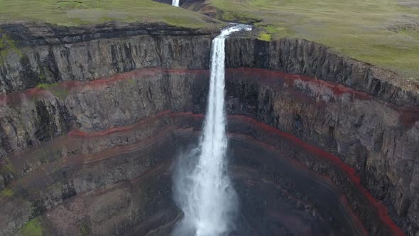 Aerial shot of Hengifoss waterfall in Iceland