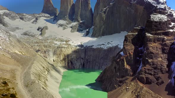 Aerial view of mountains and lake in Torres del Paine national park, Chile.