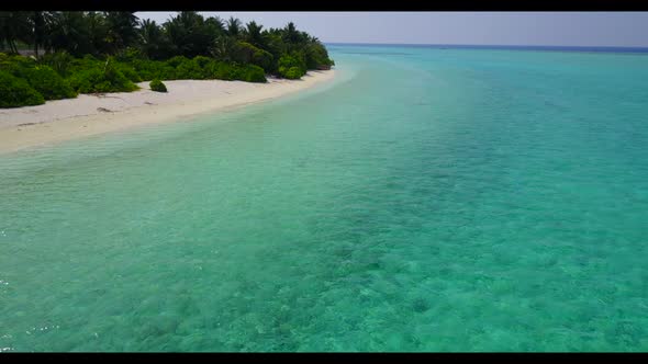 Aerial flying over scenery of tropical lagoon beach trip by clear water with bright sand background 