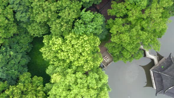 Aerial of Ancient traditional garden, Suzhou garden, in China.