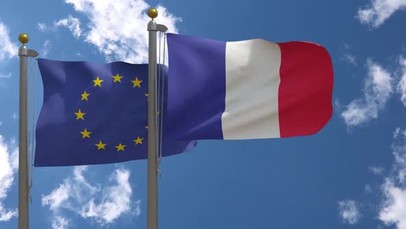 European Union Flag Vs France Flag On Flagpole