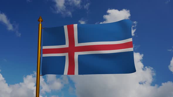 National flag of Iceland waving with flagpole and blue sky timelapse