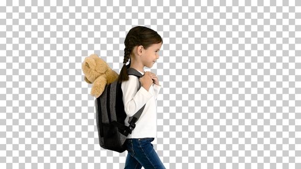 Cute little girl walking to school with, Alpha Channel