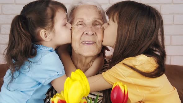 Happy Old Age. Children Kiss Grandmother