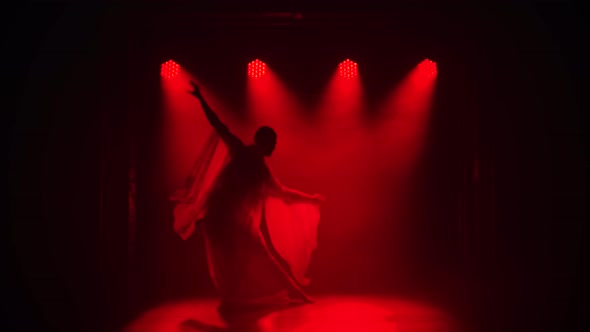 Silhouette a Young Girl Dancer in a Red Sari. Indian Folk Dance. Shot in a Dark Studio with Smoke