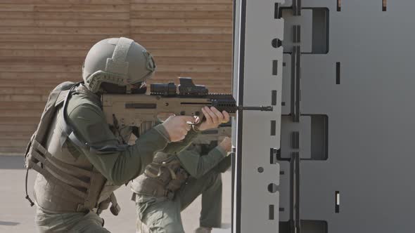 Slow motion of soldiers training in close quarters combat alt