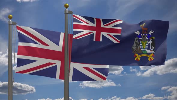 United Kingdom Flag Vs South Georgia And The South Sandwich Islands Flag On Flagpole