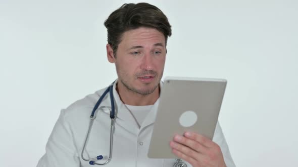 Video Chat on Tablet By Male Doctor White Background