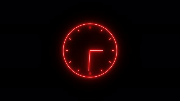 Red Neon Clock Animation On Black Background