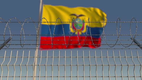 Flying Flag of Ecuador Behind Barbed Wire Fence