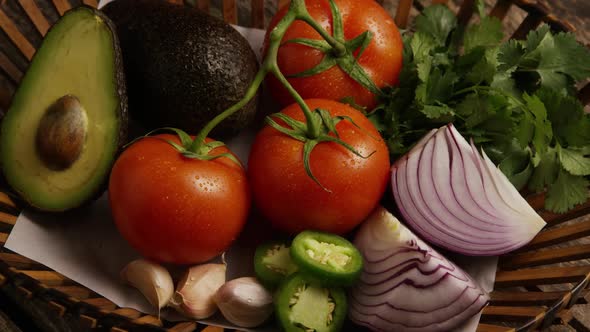 Rotating shot of beautiful, fresh vegetables on a wooden surface - BBQ 
