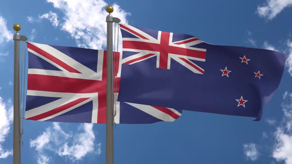 United Kingdom Flag Vs New Zealand Flag On Flagpole