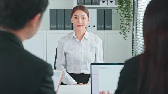 Asian beautiful woman talk with business hr manager for job apply interview in office workplace.