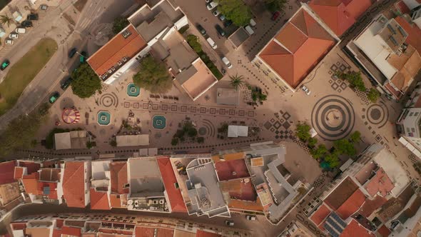 Aerial Birds Eye Overhead Top Down View of Gil Eanes Square in Lagos Algarve Portugal Drone Rising