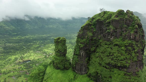 drone approaching a Unique Benevolent Mountains peak of the Sahyadri in the Western ghats