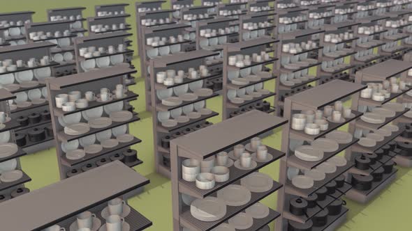 A Lot Of Market Shelf Plates And Pots In A Row 4k
