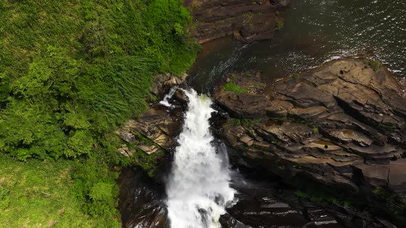 Waterfall Among Tropical Jungle with Green Plants and Trees