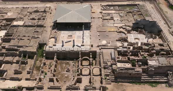 Aerial footage of the ancient remains of the coastal city of Caesarea, built under Herod the Great d