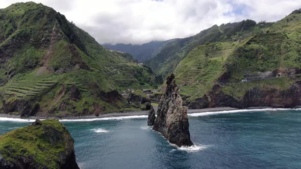 Flying around rock formations near Ribeira Da Janela, Madeira, Portugal