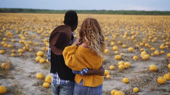 Couple Stands in Pumpkin Field and Hugs Rear View
