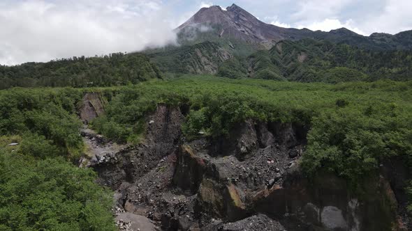 Aerial view of active Merapi mountain with clear sky in Indonesia