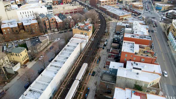 Metro Train on Railroad Track -Chicago Public Transportation System. Aerial