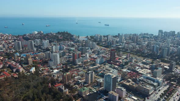 Aerial View Of City Skyline On The Pacific Coast. Vina del Mar In Valparaiso, Chile. wide