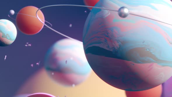 Endless looping animation with bright, colorful planets and shiny spinning moons