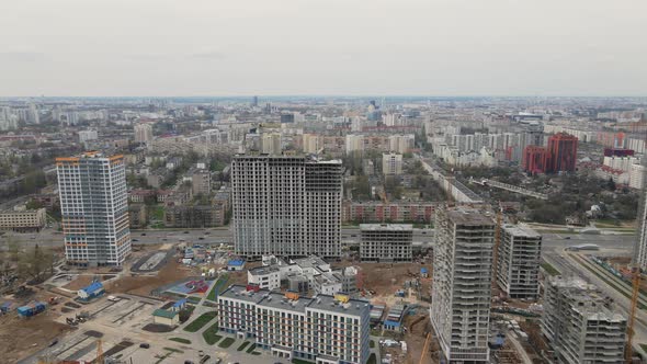 Flight Over The Construction Site. Shot In Wide Shot With The Camera Turned.