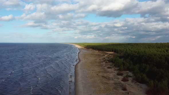 Garciems Beach, Latvia Baltic Sea Suny Winter Day Big Clouds Sand Dunes With Pine Trees. Aerial 4K