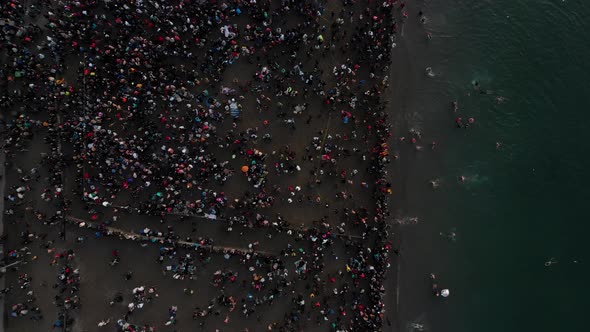 Various drone shots at English Bay near downtown Vancouver, BC during Polar Bear 2019 event