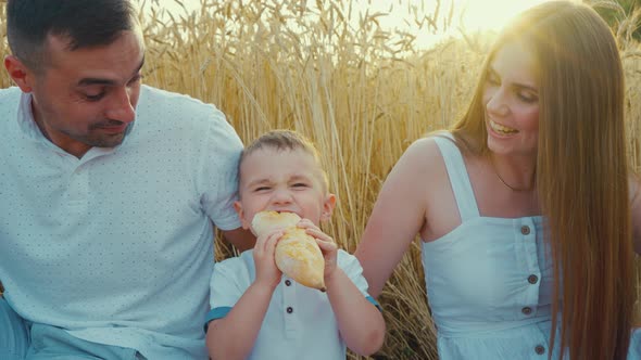 Boy Eating Bread Near Parents at Picnic