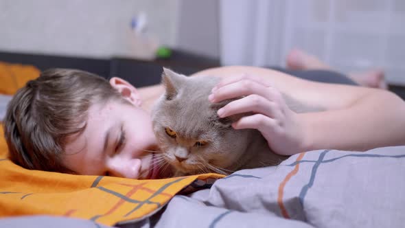 Smiling Boy Stroking and Hugging a Fluffy Cat While Lying on Bed in the Bedroom