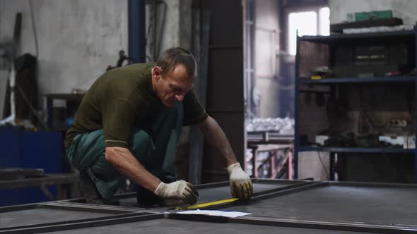 Locksmith Measures Tape Measure Length of Metal Bars and Makes Marks in Workshop