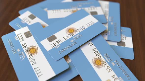 Pile of Credit Cards with Flag of Argentina alt