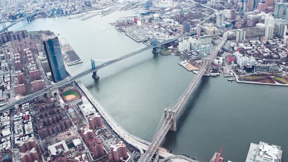 Brooklyn and Manhattan Bridge View From Helicopter New York City Slow Motion