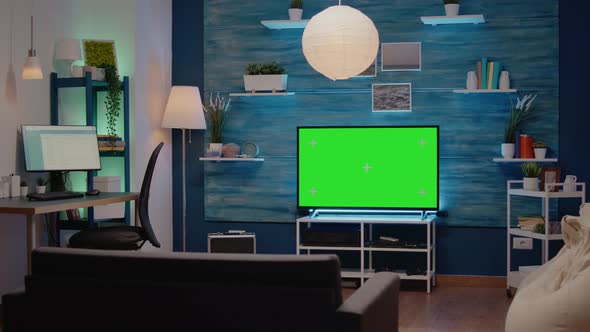 Nobody in Living Room with Green Screen Display