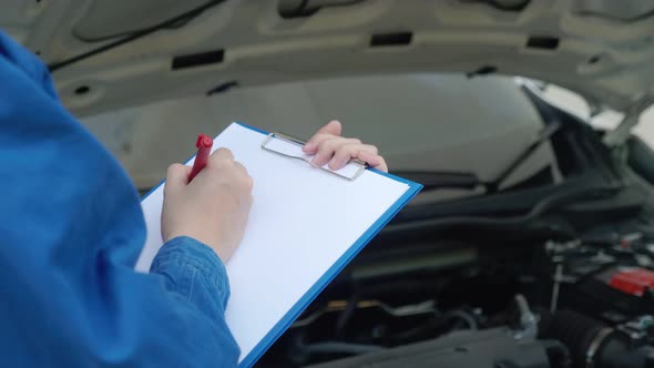 unrecognizable mechanic in blue jumpsuit uniform, doing a car vehicle inspection