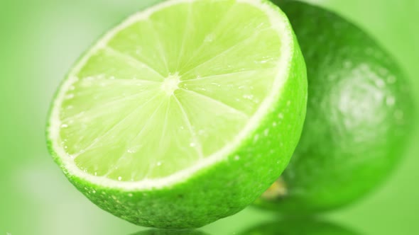 The Fresh Limes are Rotating Slowly on Bright Green Background