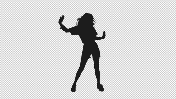 Silhouette of Cheerful Girl with Long Hair Dancing and Jumping alt