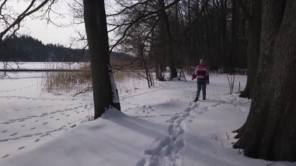 Low flying aerial shot following happy blonde girl around in charming forest.