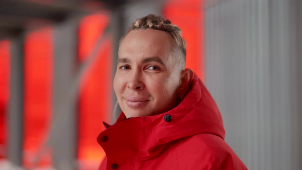 Portrait of a Handsome Gay Man in Stylish Clothes on the Street in Winter