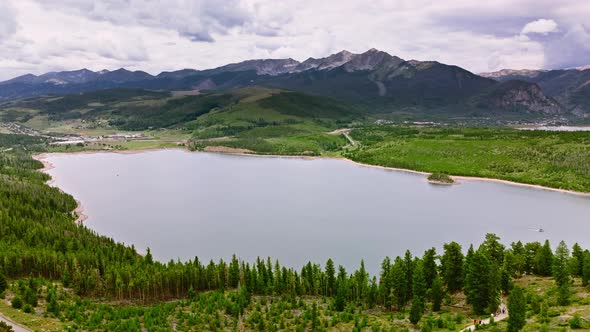 Dillon Reservoir with the Mountains and Frisco Colorado