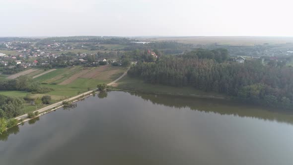 Aerial of a lake and a town