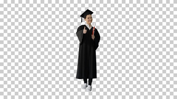 Happy graduate woman holding diploma and thumb up, Alpha Channel