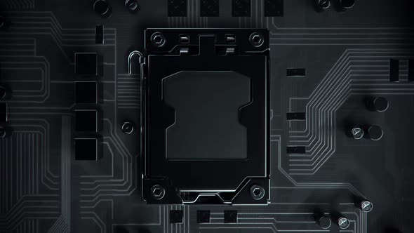 CPU in the slot with glowing orange symbolic data streams or electrical signals.