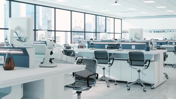 Modern Empty Science Laboratory With White Desks, Microscopes, Scientific Equipments And Cityscape F