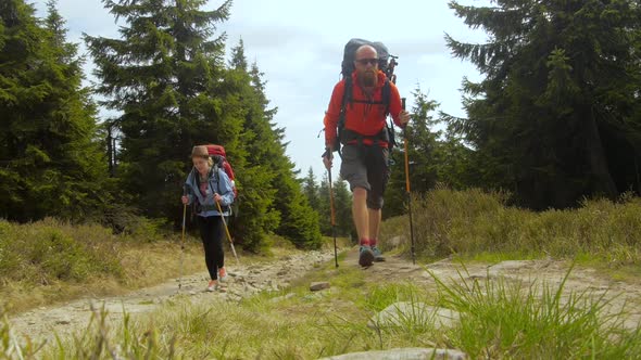 Hiking couple: two hikers (man and woman) walking together on the trail with backpacks