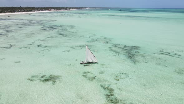 Aerial View of a Boat in the Ocean Near the Coast of Zanzibar Tanzania